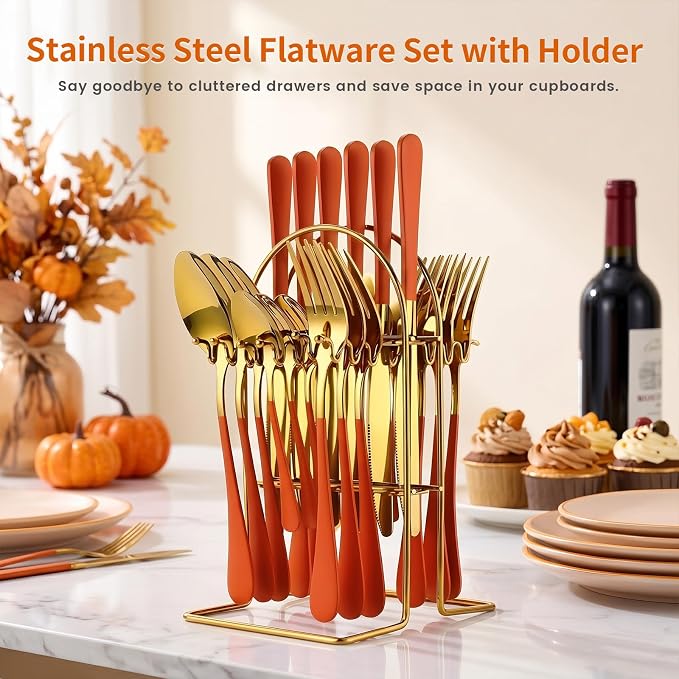 Orange Silverware Set with Holder for 6-24 Piece Stainless Steel Flatware Set with Spoons, Forks, Knives, Heavy Duty Mirror Polished Cutlery Set for Home, Kitchen, Restaurant (Orange-Gold)