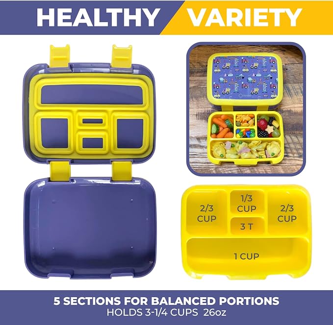 kinsho Bento Lunch Box Container for Small Kids Boys, Blue Yellow Trucks | 5 Portion Sections, BPA-Free Spill-Proof Leakproof Removable Plastic Tray, Snacks and Lunches for Toddlers Pre-School Daycare