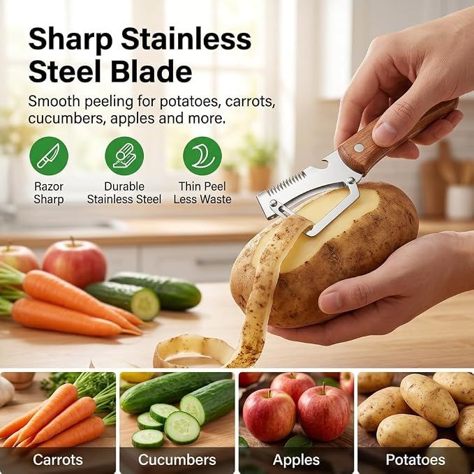 Elite Peeler and shredder, Stainless Steel Blade Thickened Heavy Duty, 0.2 ib Stable Grip, Wooden Handle Kitchen Peeler for Potato, Carrot, Cucumber, Apple, Multi-Functional Peeler Tool(2 Pack)