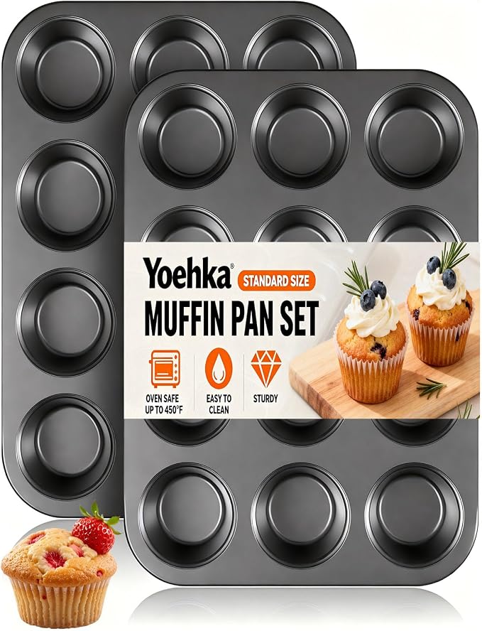 Yoehka 2 Pack Muffin Pan for Baking, Non-stick Cupcake Pan Set, Black | Standard 12-Cups Muffin Tin for Baking Cupcakes, Carbon Steel Baking Supplies