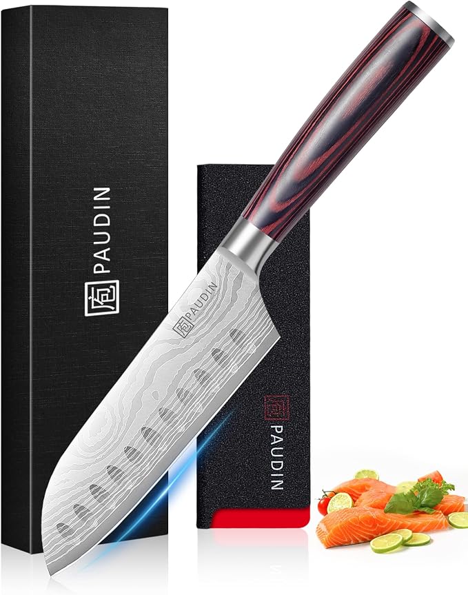 PAUDIN Santoku Knife, 5 inch Chef Knife, Ultra Sharp Kitchen Knife | Japanese Chef Knife with Sheath, High Carbon Stainless Steel, Ergonomic Pakkawood Handle