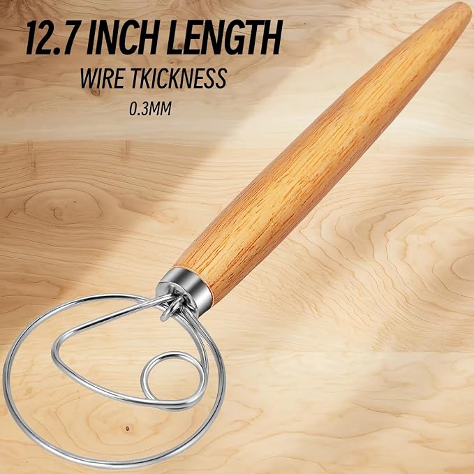 TEEVEA Danish Dough Whisk Wooden Handle Stainless Steel for Sourdough Bread | Dutch Dough Hook, Replaces Hand Mixer and Spoon, Bread Baking Tool, Food Grade Rust Resistant Steel, Non-Stick, Easy to Clean