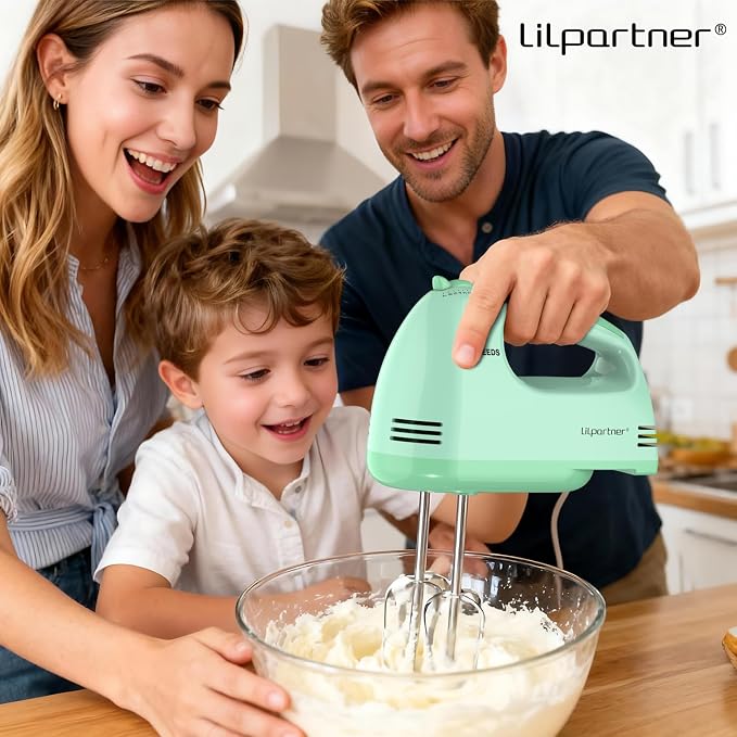 LILPARTNER Hand Mixer Electric, Ultra Power Kitchen Hand Mixer With 7-Speed & 5 Stainless Steel Accessories for Whipping Dough, Cream, Cake, Dishwasher Safe, Light Green