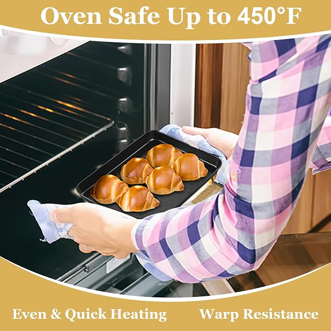 E-far Mini Toaster Oven Pan, 9x7x1 Inch Small Baking Sheet Tray for Cookies Cake, Nonstick Carbon Steel Baking Pan for Bacon Steak, Nontoxic & Easy Clean, Heat & Warp Resistant