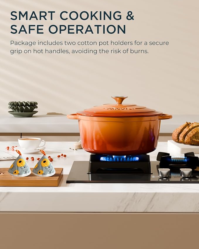 Enameled Cast Iron Dutch Oven - 7.5QT Dutch Oven Pot with Lid & Cotton Potholders - Heavy-Duty Non Stick Casserole Pot for Braising, Stews, Roasting, Baking, Suitable for All Stovetops, Vibrant Orange