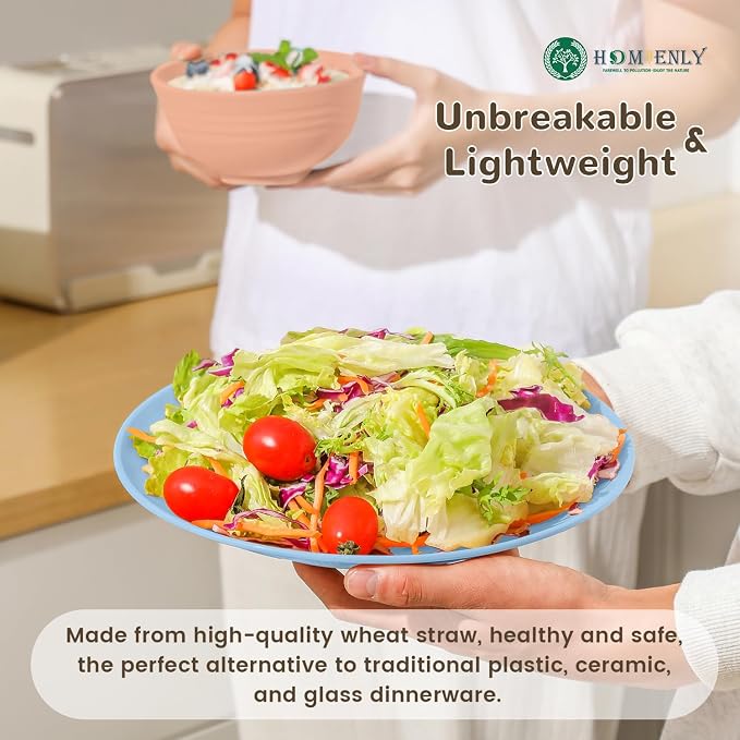 Premium Dinnerwave Sets, Lightweight & Unbreakable Wheat Straw Dish Set - Plates and Bowls Set with Cups, 16 PCS Microwave and Dishwasher Safe Dinnerware Set - Multi Light