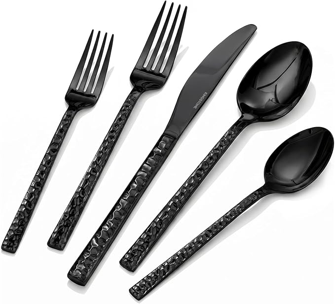 60 Piece Black Silverware Set,18/10 Stainless Steel Hammered Flatware for 12