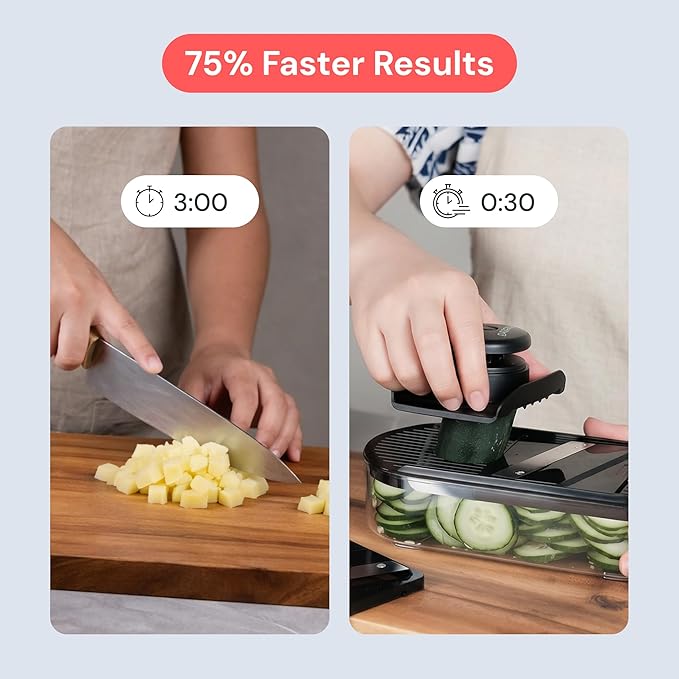 Fullstar Essential Mandoline Vegetable Slicer & Julienne Cutter | 2 in 1 Compact Fruit Cutter, Cucumber Slicer & Cheese Grater, with Stainless Steel Blades, Guard & 3-Cup Container (Black)