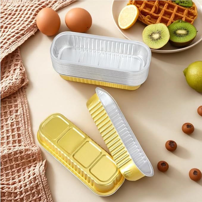 30 Pack Gold Mini Rectangular Aluminum Foil Loaf Pans with Lids 6.8oz, Spoons & Sealing Stickers Included - Perfect for Baking Mini Cakes, Parties & Gifting