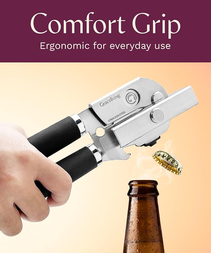 Heavy Duty Manual Can Opener with Magnetic Lid Lifter, Black | Premium Stainless Steel Body, Sharp Cutting Blade, Oversized Easy-Turn Knob, Soft-Touch Handle, Bottle Opener, Kitchen Use
