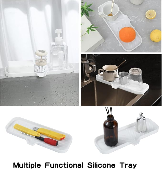 MicoYang Silicone Soap Dish with Drain Spout — Self-Draining Double Sink Organizer Tray for Kitchen & Bathroom, Dispensers, Sponges & Soap Holder, Non-Slip & Dishwasher Safe, White (Large, 12"×4")