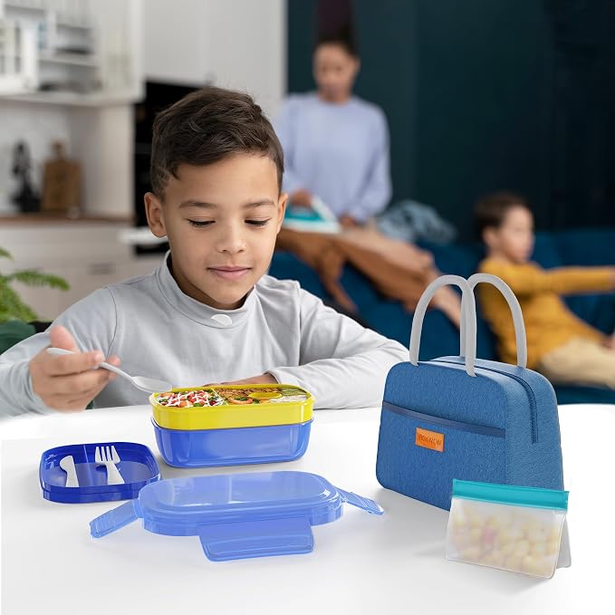 JBGOYON Leakproof Bento Box & Insulated Lunch Bag Set, 4-Piece, Blue | 6-hour thermal retention, includes nested knife fork spoon, 2 reusable snack pouches, designed for adults and kids
