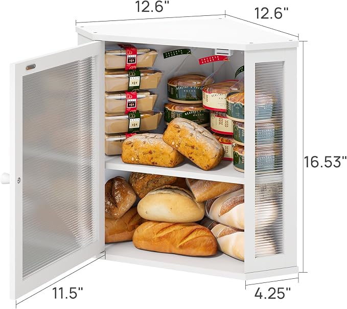 viewcare Corner Bread Box for Kitchen Counter, Bamboo Wood Large Capacity Bread Storage Bin with Acrylic Wavy Door Panel (White, Extra Large)