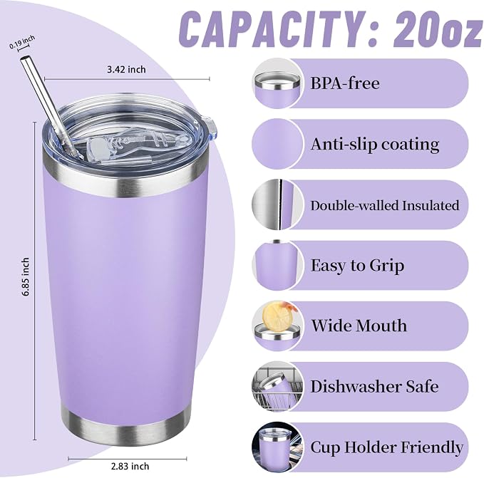 20 oz Tumbler with Lids and Straws, Stainless Steel Insulated Travel Coffee Mug, Double Wall Vacuum Insulated Tumblers, Powder Coated Coffee Tumbler for Cold & Hot Drinks (Light Purple,4pack)