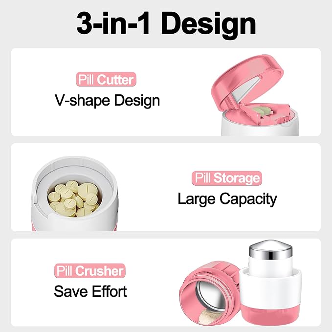 DUBSTAR 3-in-1 Pill Crusher Fine Powder Pill Grinder Pill Cutter Pale Pink | Pill Crushers for Elderly and Pet with Pill Storage and Brush, Pill Splitter for Small or Large Pills