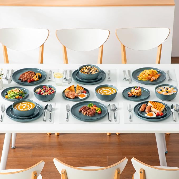 vancasso ZERMATT 18 Pieces Stoneware Dinnerware, Plates and Bowls Set for 6 | Dinnerware Set for 6 in Smoky Teal Reactive Glaze Stoneware, Kitchen Dinner Set, Microwave and Dishwasher Safe