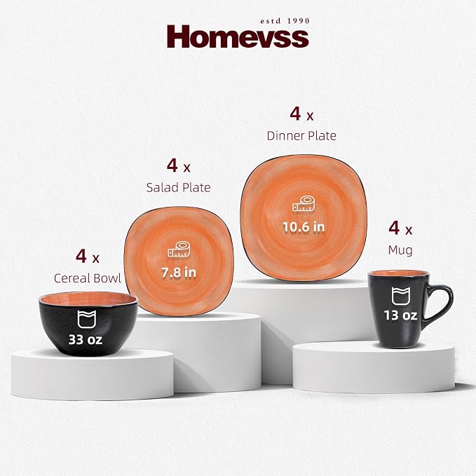 Stoneware Square 16pc Dinnerware Set, Inside Spinwash Swirl Orange + Outside Black