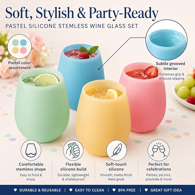 Silicone Wine Glasses Set of 4 Pastel Colors, 12 oz Break-Resistant, Flexible & Shatterproof Stemless Cups for Wine, Cocktails, or Outdoor Use Reusable Glassware
