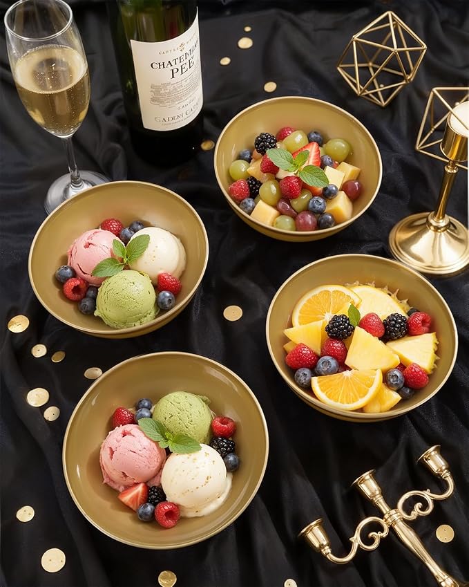 bUCLA 50 Pack Gold Plastic Serving Bowls - 24oz Disposable Bowls for Salad, Cereal, Dessert, Fruit, Chip & Soup - Ideal for Wedding & Party