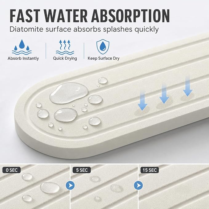 2PCS Water Absorbing Stone Drying Tray Mat for Bathroom Sink & Kitchen Counter Faucet Organizer Decor, Quick Dry Dish Soap Dispenser Sponge Holder, Vanity Sink Caddy Coaster,White -10"*3.8"