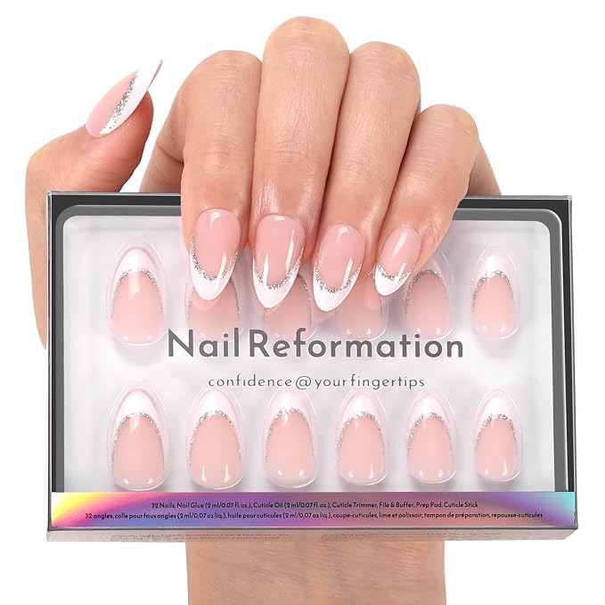 Nail Reformation Silver Lining Press On Nails, Short Almond, 16 Sizes 32Pcs | Nude Fake Nails in White Glitter French Tip in Glossy Finish, Gifts for Women