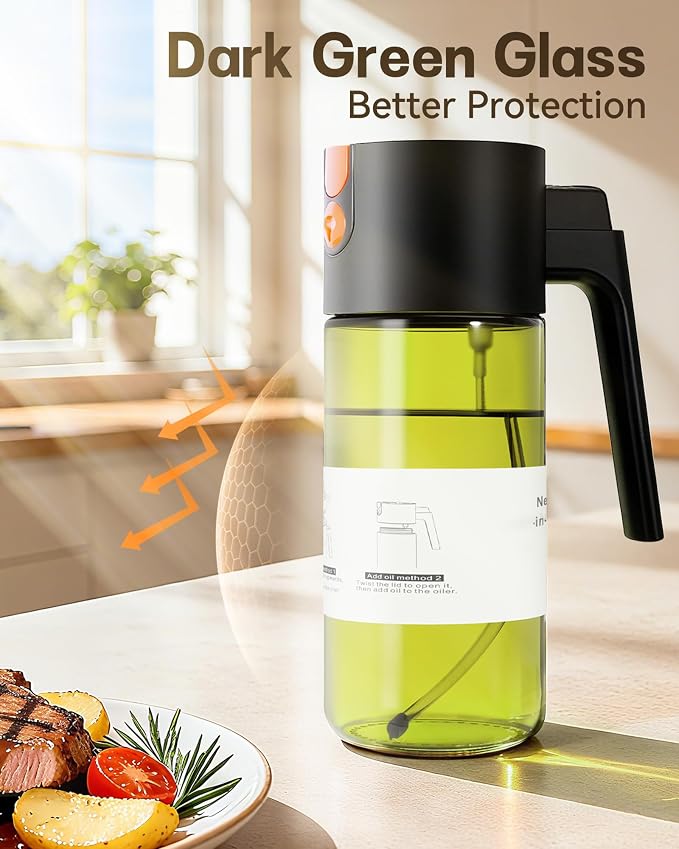 Olive Oil Sprayer & Dispenser Bottle for Cooking 17oz Dark Glass Oil Mister | 2-in-1 Sprayer & Pourer, Fine mist, Leakproof, Light-Blocking, Wide Mouth for Easy Refill & Clean, 8 Oil Labels, Reusable