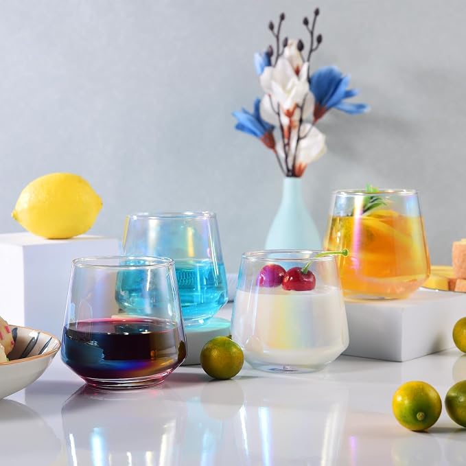 10oz Stemless Champagne Flutes, Iridescent Champagne Glasses, 4 PCS | Clear Crystal Glass Cups, Dishwasher Safe Wine Glasses Set for Champagne Cocktail Juice, Unique Gifts for Wine Enthusiasts