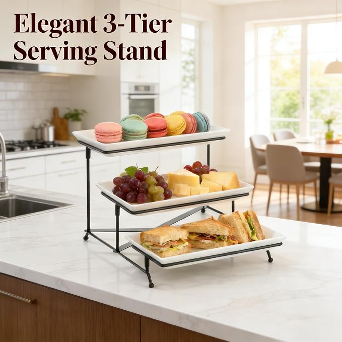 3 Tier Serving Tray, 12" White Plastic Tiered Food Serving Platters, Reusable Tray Stand Black Collapsible Metal Stand with Stable Cross Bars, Party Display Stands for Veggie Fruit, Dessert