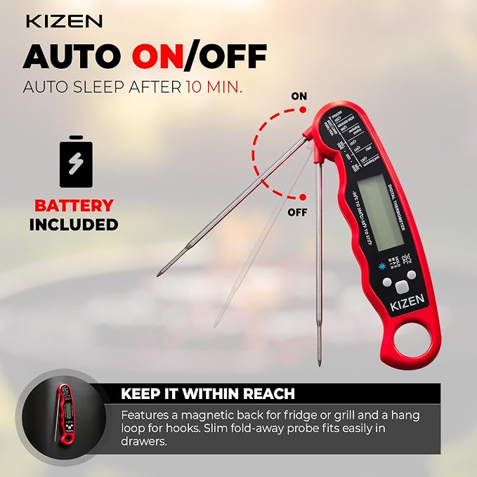 Instant Read Meat Thermometer Digital - Food Thermometer for Cooking, Grill, Oven, BBQ - IP67 Rated Waterproof - Large Backlit Display and Magnetic Back