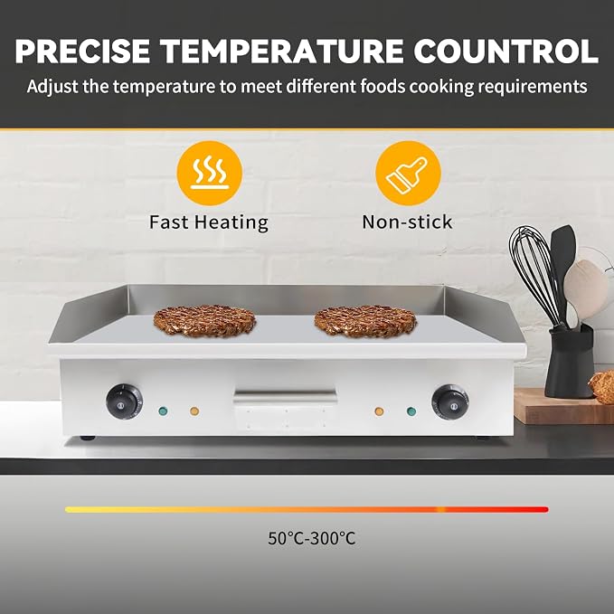 29 Inch Commercial Electric Griddle, 110V 3000W Double Control Electric Griddle Cooktop Flat Top Grill Stainless Steel Non-Stick Griddle Grill Temperature Adjustable 50-300℃ BBQ for Kitchen(NO PLUG)