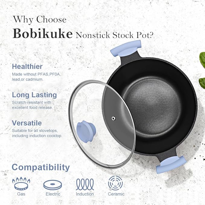 7 Qt Nonstick Stock Pot with Lid, Large Soup Pot with Stay-Cool Handle,Blue | Lightweight & Durable, Suitable for All Stoves, Including Induction, PTFE & PFAS & PFOA Free