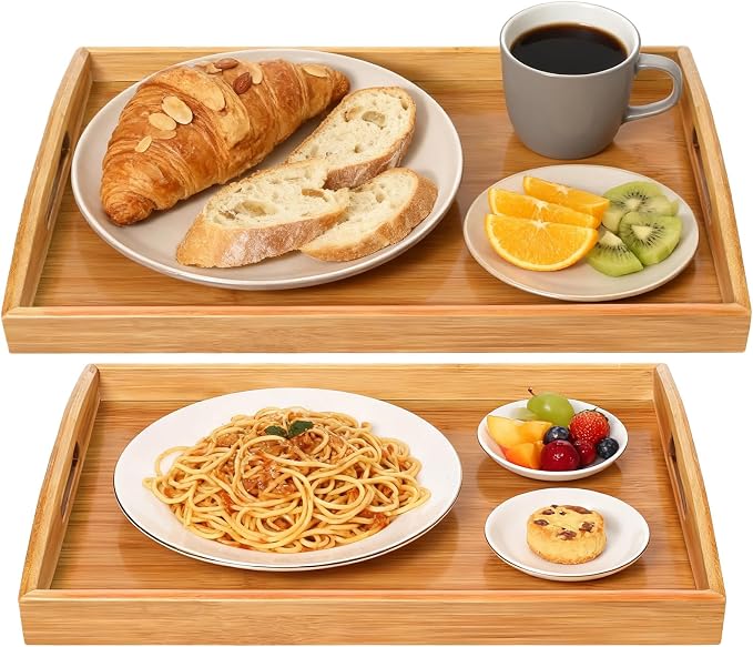 2-Pack Bamboo Serving Trays with Handles, 16" and 13", Decorative Food Tray Set for Breakfast, Coffee, Tea, Snacks, Ideal for Coffee Table, Ottoman, Living Room & Kitchen