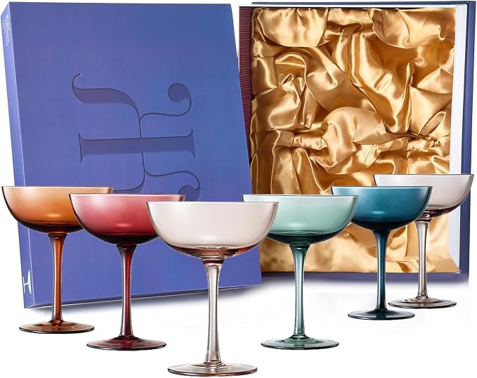 Beautiful Colored Martini, Champagne & Cocktail Luxury Coupe Glasses | Set of 6 | Crystal 6 6oz - Stemmed Goblet Drinking Cups, Color Gift Set - Her, Wife & Mom - Colorful Drinkware - Water, Wine