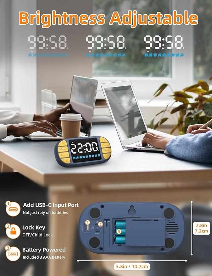 Digital Kitchen Visual Timer: 3.6'' Large LED Display, Magnetic, 3 Brightness, 4 Alarms and Volume, Memory Function, Countdown Count up for Cooking, Classroom, Home Gym, AAA Battery Included