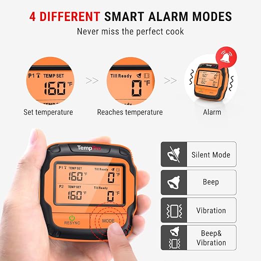 TempPro TempSync 500FT Wireless Meat Thermometer for Grilling and Smoking | RF Technology, 2 Probes, Alarms, Large Backlit Display, Smoker BBQ Kitchen Food Thermometer for Meat Turkey Cooking Gift