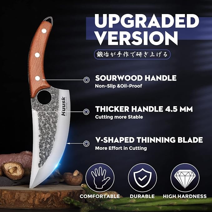 Huusk Viking Knife with Leather Sheath, Hand Forged Butcher Chef Knives | Razor-sharp Japanese Carbon Steel Meat Cutting Knife with Wood Handle for BBQ, Camping & Kitchen, Cool Gifts for Men & Dad