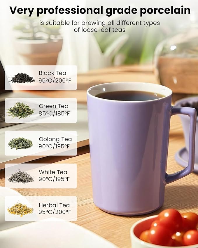 15 OZ Ceramic Tea Cup with Infuser and Lid,Tea Mug with All-Porcelain Strainer for Loose Leaf Teas,Microwave and Dishwasher Safe,Metal-Free,BPA-Free for Tea-Lovers,Birthday (Purple)