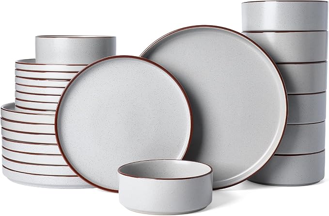 Famiware Nebula Ridge 24-Piece Stoneware Dinnerware Set, Light Gray | Plates and Bowls for 8, Warm Hand-Painted Rims, Microwave and Dishwasher Safe, Daily Essentials