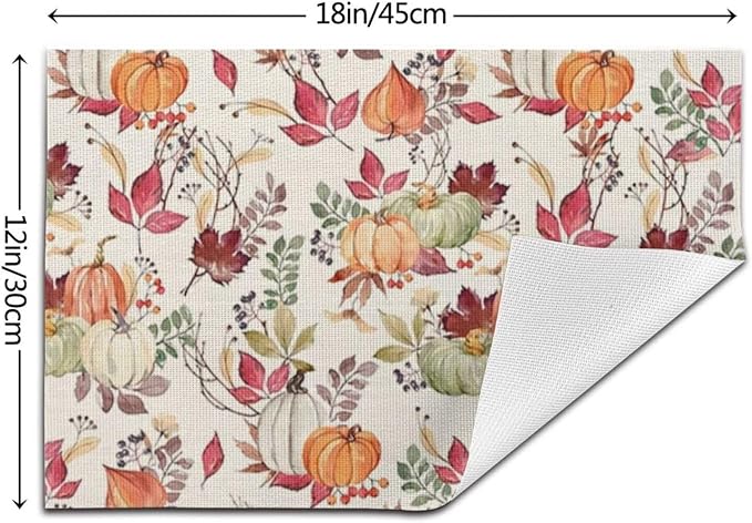 Fall Placemats Set of 4, Pumpkin Maple Leaf Flower Decorative Table Mat 12 x 18 Inch Heat Resistant Non Slip Line Fabric Autumn Thanksgiving Place mat for Dining Table