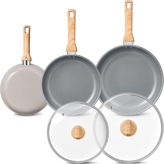 BLAZANT Non Stick Frying Pan Set with Lids, 5 Pcs Ceramic Nonstick Skillets | Non Toxic Pans PFAS-Free, Molecular-Bonded Seamless Induction Base, 30% Faster Heating, Works on All Stoves, 8", 9.5", 11"