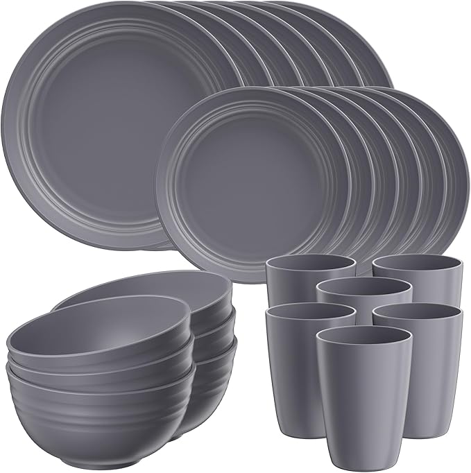 Quatish 24 Piece Plates and Bowls Sets for 6, Unbreakable Dinnerware Sets, Plastic Dish Set for Camping, Dishwasher Microwave Safe, Outdoor Kitchen and Apartment Dorm Dinning RV Essentials, Grey