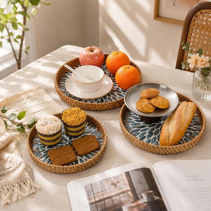 Round Rattan Serving Trays with Mother of Pearl Inlay, Set of 3, Blue | Coffee Table Trays, Decorative Wicker Trays, Bread and Fruit Display, Ottoman Tray Set, Leaf Pattern