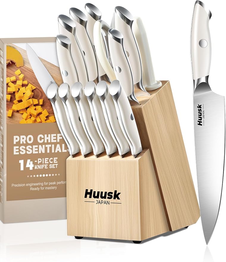Huusk Knife Set with Block - Chef Knife with Natural Block Ivory White 14PC | Japanese Stainless Steel, Long-lasting Edge, All-in-One for Daily Use, Housewarming Gift for Women Men