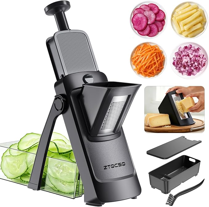 Safe Mandoline Slicer for Kitchen, Vegetable & Food Cutter, Easy to Clean | Vegetable Potato Slicer Chopper Cutter With Container, Wider Tray & Stainless Steel & Filter Basket & Brush (Black Pro)