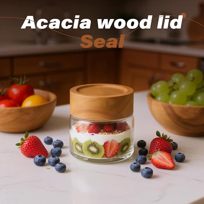 2-Pack 4 fl oz Leakproof Mason Jars with Acacia Wood Lids | Small Glass Food Storage Containers / Overnight Oats / Spices / Snacks / Kitchen Pantry Organization
