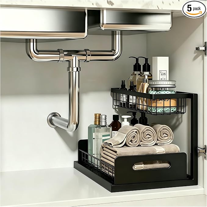 Upgraded Under Sink Organizer, 2 Tier Pull Out Kitchen Cabinet Organizer Metal Slide Out Bathroom Organizers and Storage Makeup Drawer Organizer for Office Bedroom Restroom Livingroom, 1 Pack