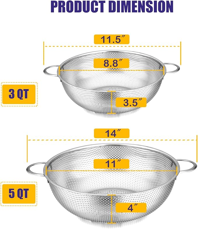 E-far 3QT & 5QT Colander Set of 2, Stainless Steel Micro-Perforated Colander Strainer with Handle for Kitchen/Draining Pasta/Rinsing Vegetables Fruits, Heavy Duty Metal & Dishwasher Safe