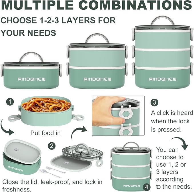 RIKDOKEN Lunch Box, Stackable 3 Layers Containers, Portable 94OZ Large Capacity Leakproof Bento Box with Spoon & Fork & Sauce Boxes, Microwave Safe Lunch Box for Kids and Adults
