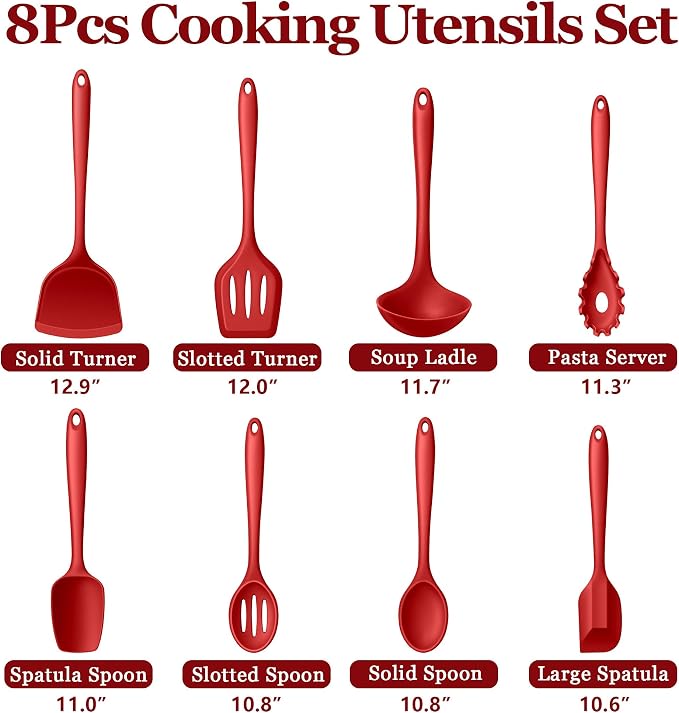 LIANYU 8Pcs Kitchen Cooking Utensils Set, Red Silicone Spatula Utensils | Metal Core, Non-Toxic Cooking Gadgets Tools for Non-stick Cookware, Heat Resistant & Dishwasher Safe
