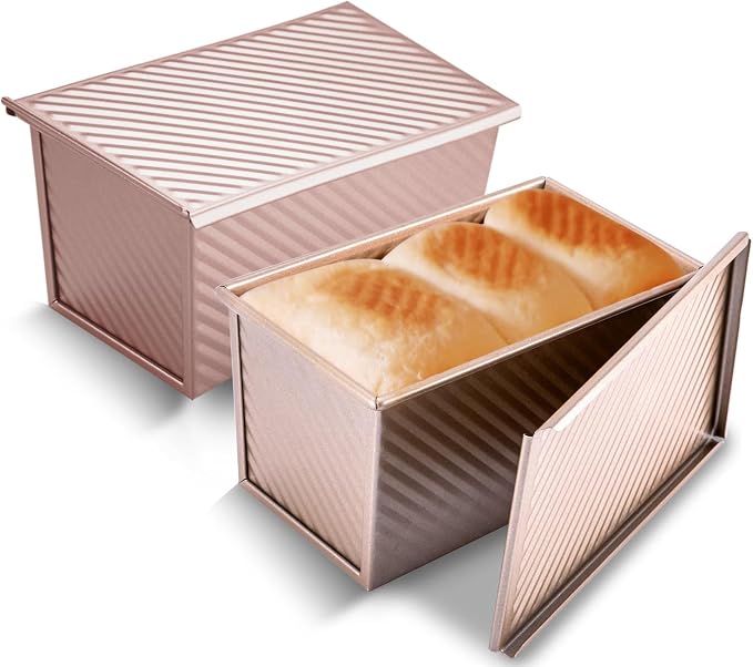 KITESSENSU Pullman Loaf Pan with Lid 2 Pack, 1 lb Dough Capacity Non-Stick Bakeware for Baking Bread, Carbon Steel Corrugated Bread Toast Box Mold with Cover for Baking Bread, Gold